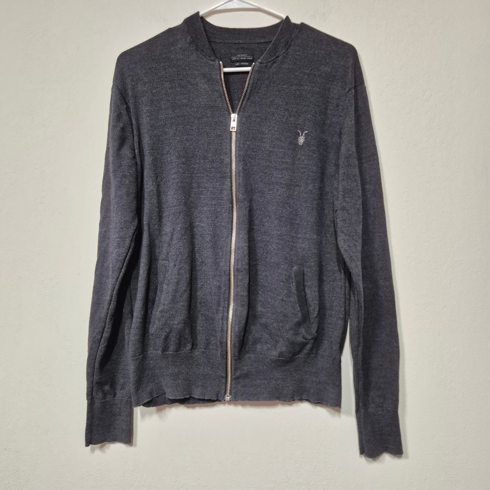 AllSaints Raven Full Zip Bomber Jacket M Charcoal Gray Minimalist Lightweight